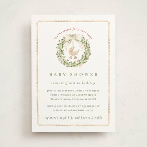 This is a holly baby shower invitations with standard by Sarah Knight called a very merry baby shower printing on signature in standard