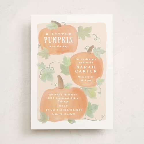 This is a blush baby shower invitations with standard by Creo Study called lil pumpkin printing on signature in standard