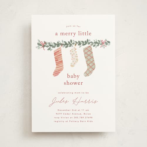 This is a cranberry baby shower invitations with standard by Rebecca Durflinger called merry little stockings printing on signature in standard