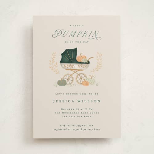 This is a pumpkin baby shower invitations with standard by Petra Kern called pumpkin stroller printing on signature in standard