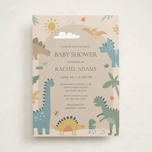 This is a tan baby shower invitations with standard by Britt called baby dino printing on signature in standard