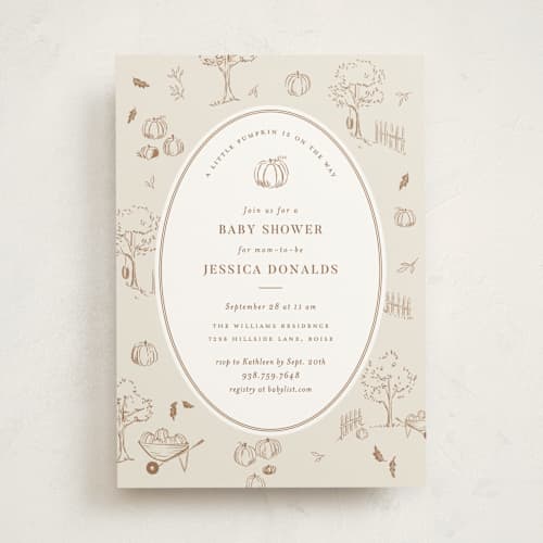 This is a acorn baby shower invitations with standard by Rebecca Durflinger called autumn toile printing on signature in standard
