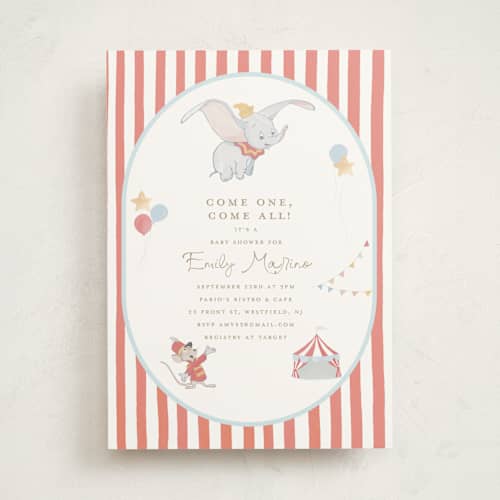 This is a pearl baby shower invitations with standard by Teju Reval called disney's dumbo come one come all printing on signature in standard