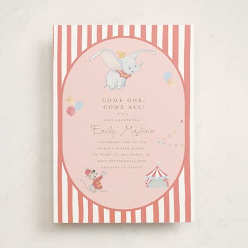 This is a petal baby shower invitations with standard by Teju Reval called disney's dumbo come one come all printing on signature in standard