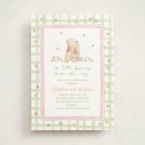 This is a bubblegum baby shower invitations with standard by Creo Study called disney's winnie the pooh and a lil hunny printing on signature in standard