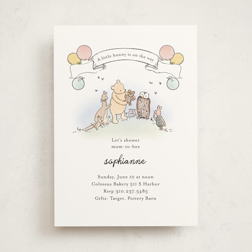 This is a powder baby shower invitations with standard by Becky Nimoy called disney's winnie the pooh mom to bee printing on signature in standard