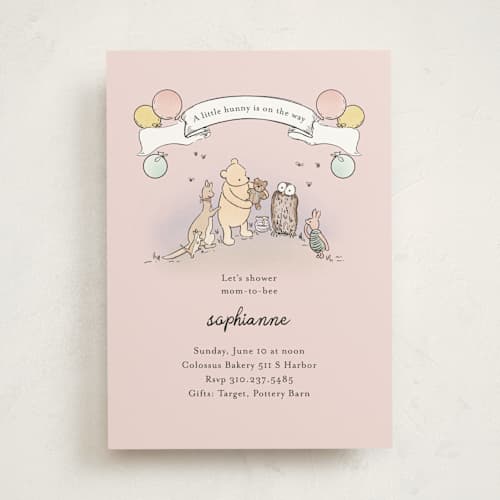 This is a blush baby shower invitations with standard by Becky Nimoy called disney's winnie the pooh mom to bee printing on signature in standard