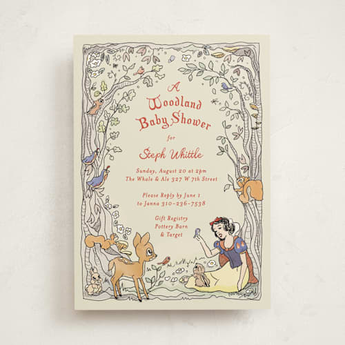 This is a buttercream baby shower invitations with standard by Becky Nimoy called disney's snow white woodland printing on signature in standard