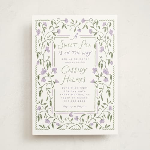 This is a lilac baby shower invitations with standard by Leah Bisch called sweet pea printing on signature in standard