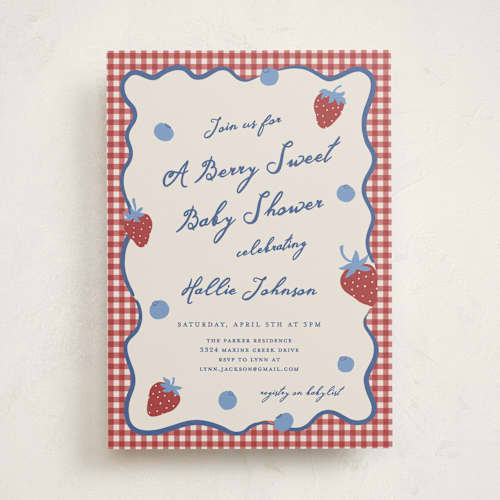 This is a barn baby shower invitations with standard by Kelly Watkins called so berry sweet printing on signature in standard