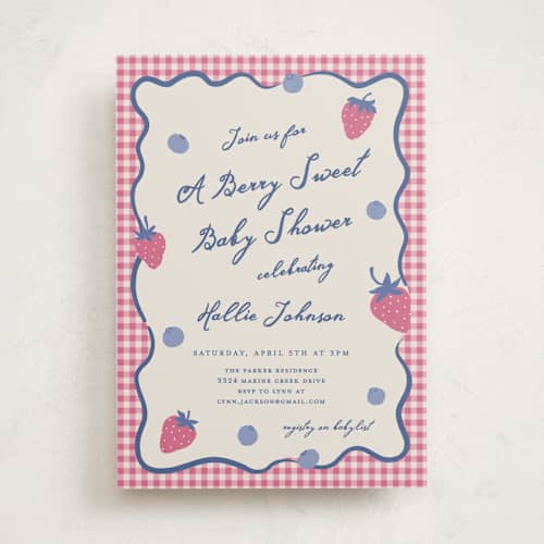 This is a candy baby shower invitations with standard by Kelly Watkins called so berry sweet printing on signature in standard