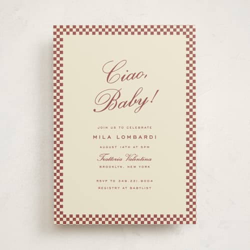 This is a burgundy baby shower invitations with standard by Ellen Schlegelmilch called ciao, baby! printing on signature in standard
