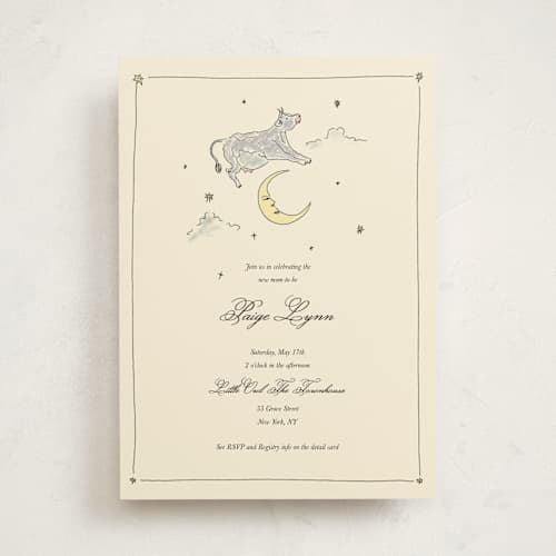 This is a ivory baby shower invitations with standard by Noun New York called the cow jumped over the moon printing on signature in standard