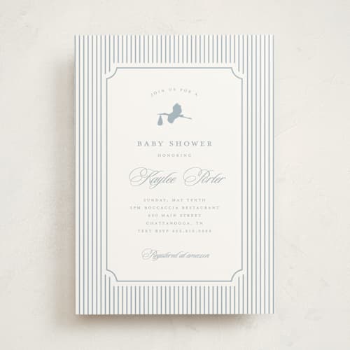 This is a dusty blue baby shower invitations with standard by Stacey Meacham called storybook stork printing on signature in standard