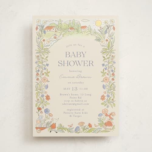 This is a vanilla baby shower invitations with standard by Sabrin Deirani called vintage magic town printing on signature in standard