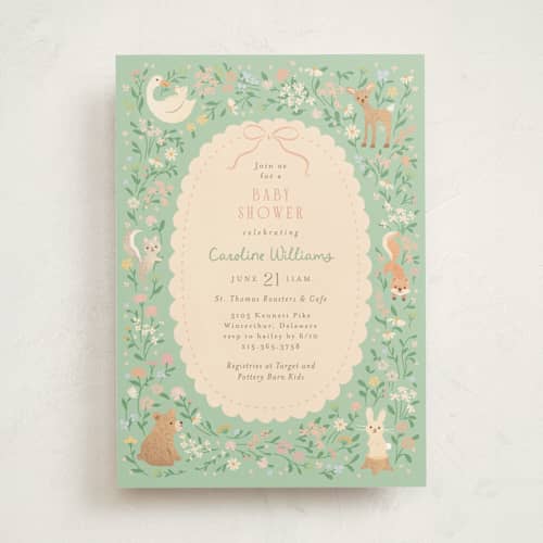 This is a mint baby shower invitations with standard by Jennifer Wick called garden animals printing on signature in standard
