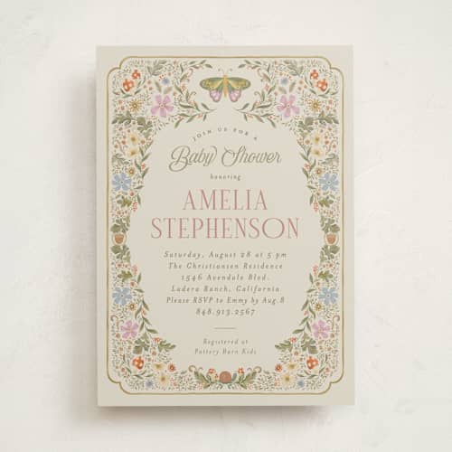 This is a moss baby shower invitations with standard by Joanna Griffin called vintage butterfly printing on signature in standard