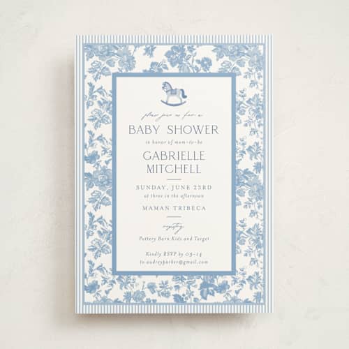 This is a powder baby shower invitations with standard by Jenna Holcomb called rocking horse baby printing on signature in standard