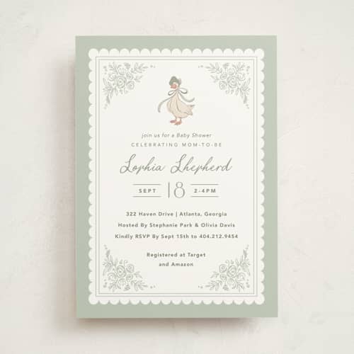 This is a sage baby shower invitations with standard by Kristen Smith called story book frame printing on signature in standard