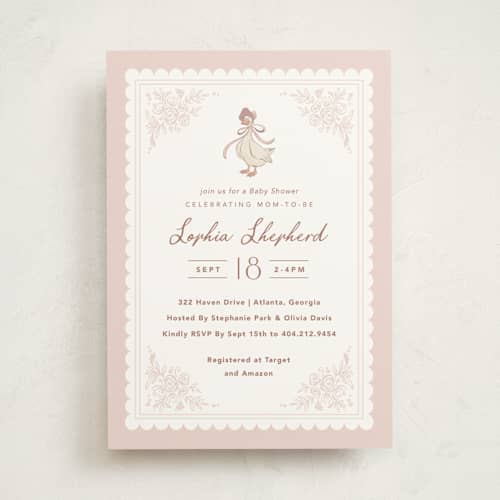 This is a blush baby shower invitations with standard by Kristen Smith called story book frame printing on signature in standard