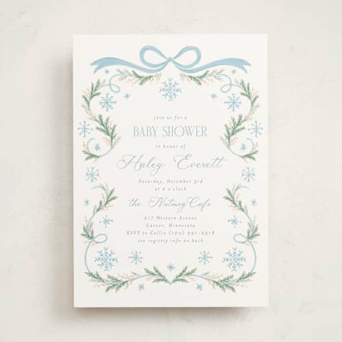 This is a frosted baby shower invitations with standard by Laura Hankins called winter frame printing on signature in standard