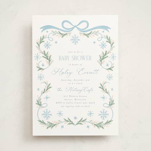 This is a frosted baby shower invitations with standard by Laura Hankins called winter frame printing on signature in standard