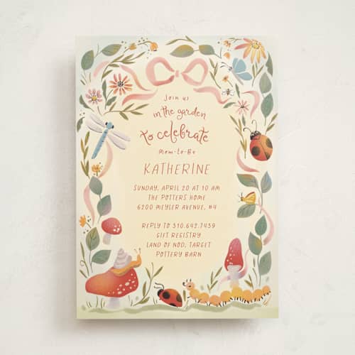 This is a ivory baby shower invitations with standard by Becky Nimoy called insect garden printing on signature in standard