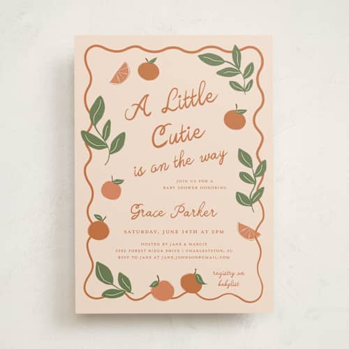 This is a peach baby shower invitations with standard by Kelly Watkins called a little cutie printing on signature in standard