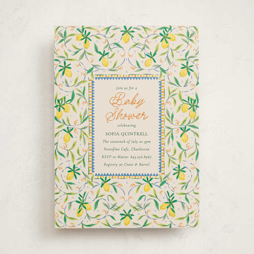 This is a cinque terre baby shower invitations with standard by Jackie Crawford called petit lemon printing on signature in standard