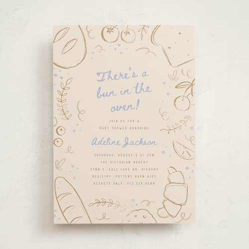 This is a bluecrumb baby shower invitations with standard by Pixel and Hank called bun in the oven printing on signature in standard