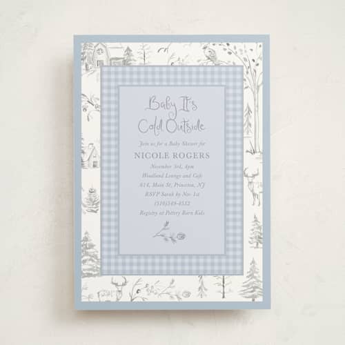 This is a lake baby shower invitations with standard by Teju Reval called winter toile printing on signature in standard