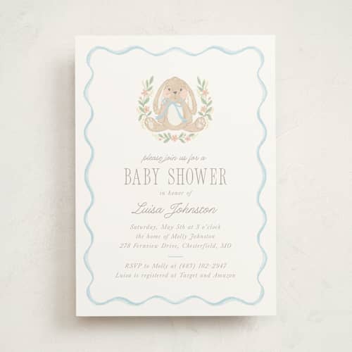This is a cornflower baby shower invitations with standard by Laura Hankins called bunny crest printing on signature in standard