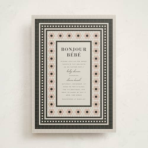 This is a blush baby shower invitations with standard by Sierra Lee called bebe bistro printing on signature in standard