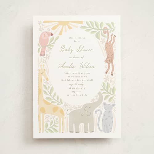 This is a jungle baby shower invitations with standard by Pixel and Hank called littlest friends printing on signature in standard