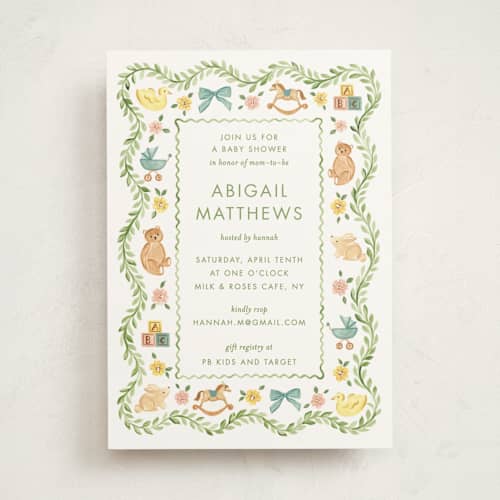 This is a leaf baby shower invitations with standard by Sarah Knight called wave printing on signature in standard
