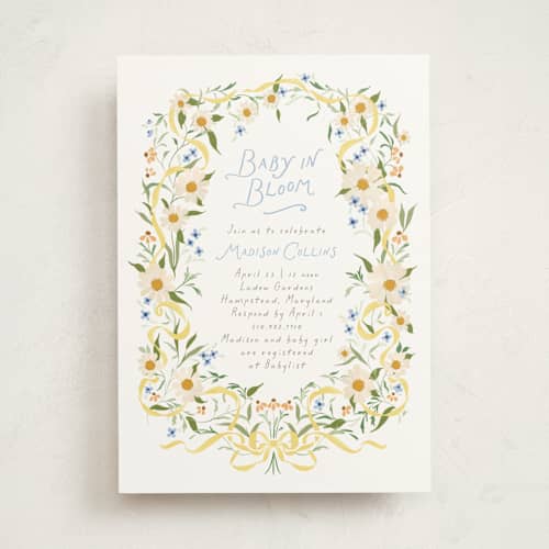 This is a sunshine baby shower invitations with standard by Erin L. Wilson called daisy chain printing on signature in standard