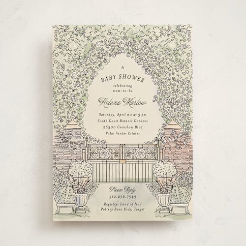 This is a ivory baby shower invitations with standard by Becky Nimoy called garden brick gate printing on signature in standard