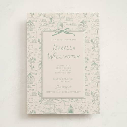 This is a pistachio baby shower invitations with standard by Kartika Paramita called animal circus toile printing on signature in standard