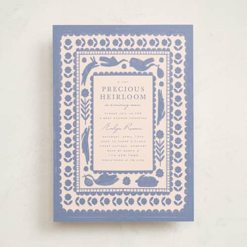 This is a powder baby shower invitations with standard by Sierra Lee called heirloom printing on signature in standard