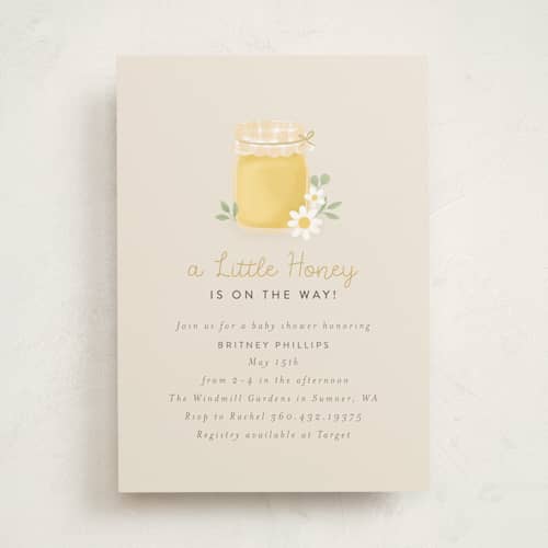 This is a greige baby shower invitations with standard by Itsy Belle Studio called little honey printing on signature in standard
