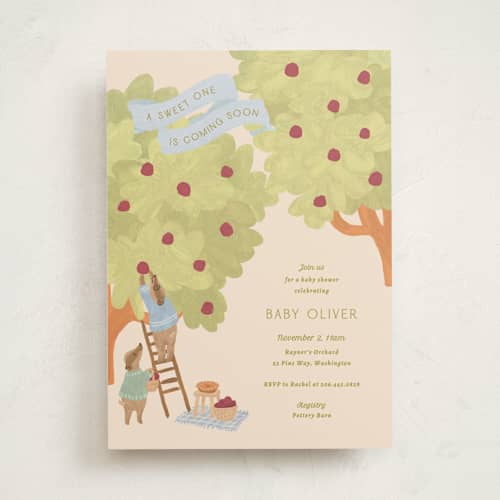 This is a blueberry baby shower invitations with standard by Natalie Rae called apple orchard printing on signature in standard