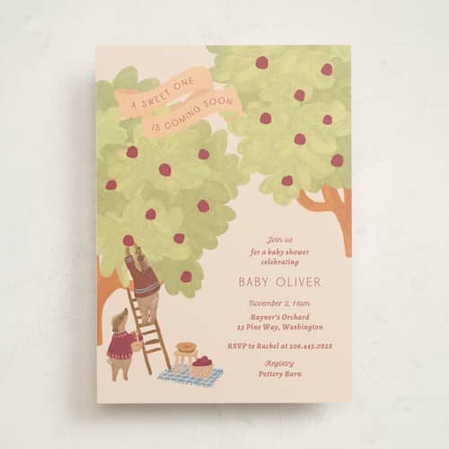 This is a apricot baby shower invitations with standard by Natalie Rae called apple orchard printing on signature in standard