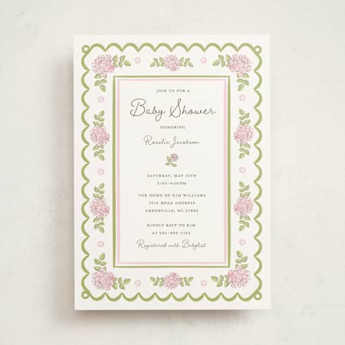 This is a rose baby shower invitations with standard by Holton Art and Design called garden rose doily printing on signature in standard