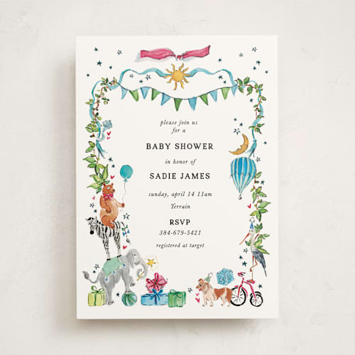 This is a celestial baby shower invitations with standard by Jill Delavan called favorite things printing on signature in standard
