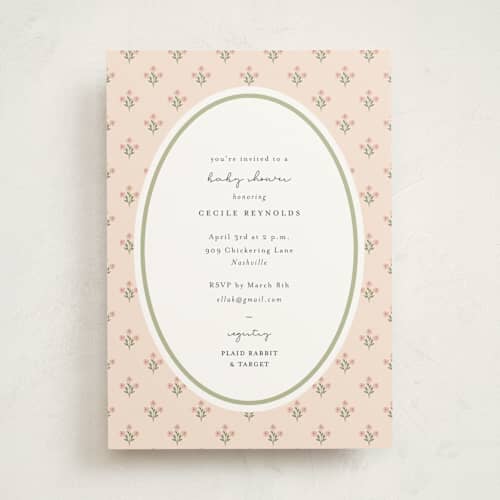 This is a peach baby shower invitations with standard by Sara Hicks Malone called petite fleur printing on signature in standard