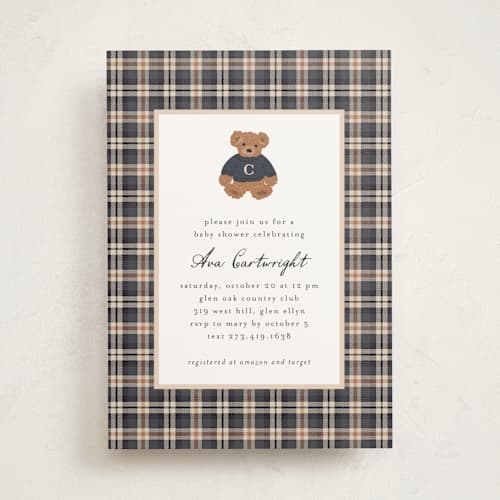 This is a navy baby shower invitations with standard by Erin German called teddy bear monogram printing on signature in standard