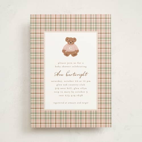 This is a blush baby shower invitations with standard by Erin German called teddy bear monogram printing on signature in standard