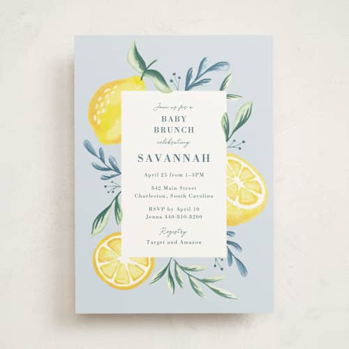 This is a pale blue baby shower invitations with standard by Megan Cash called lemons printing on signature in standard