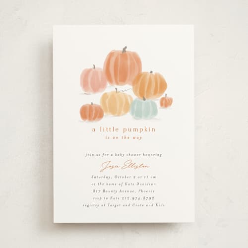 This is a pumpkin baby shower invitations with standard by Rebecca Durflinger called autumn pumpkins printing on signature in standard