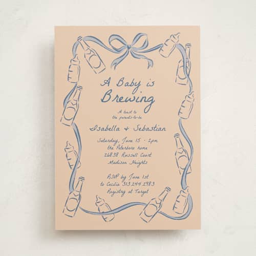 This is a periwinkle baby shower invitations with standard by Jamie Alexander called bottles and brews printing on signature in standard